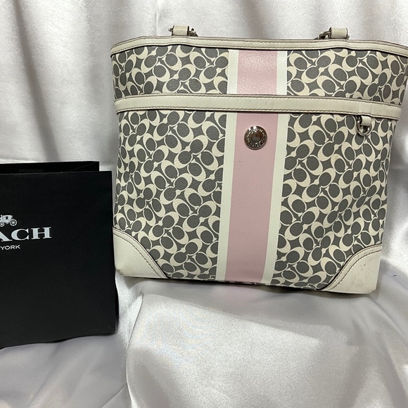 Coach 2 top handle with cream/gray signature print & Pink /cream stripe  30-H1d - Picture 1 of 8